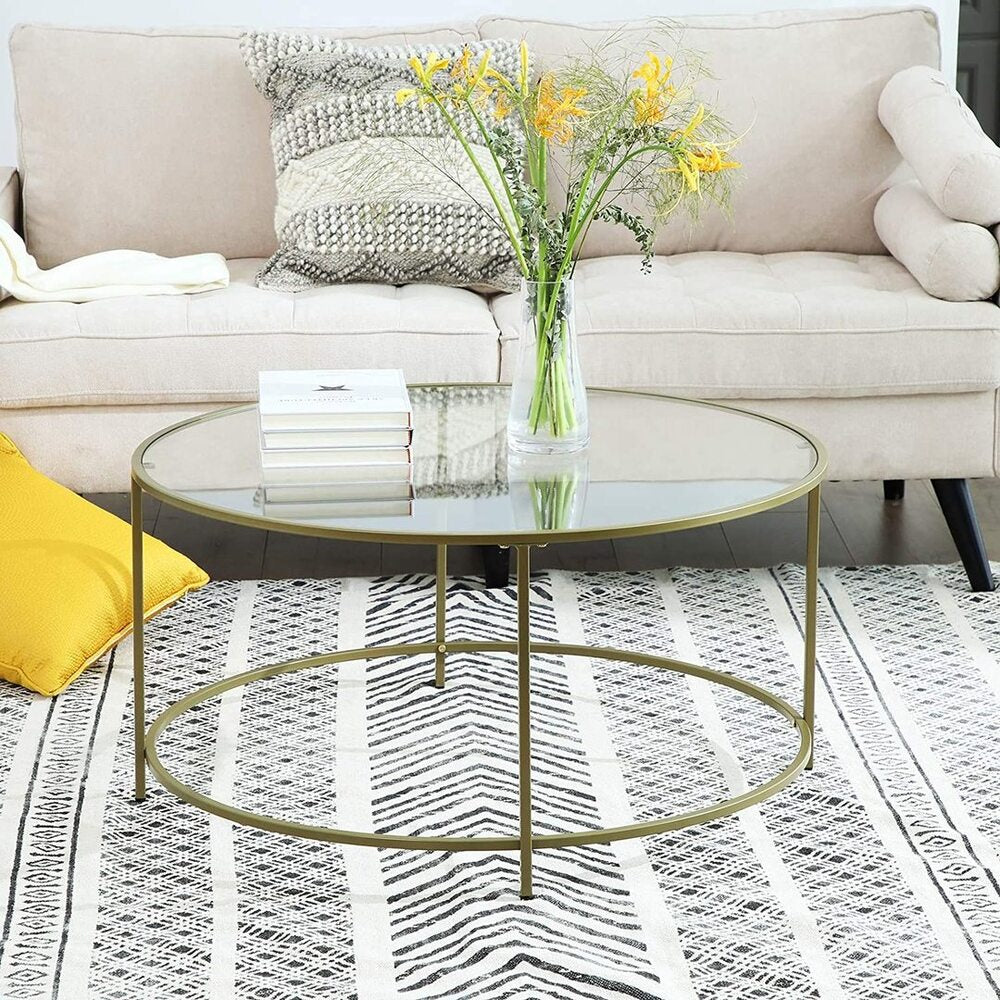 VASAGLE Round Coffee Table Glass Table with Steel Frame Gold