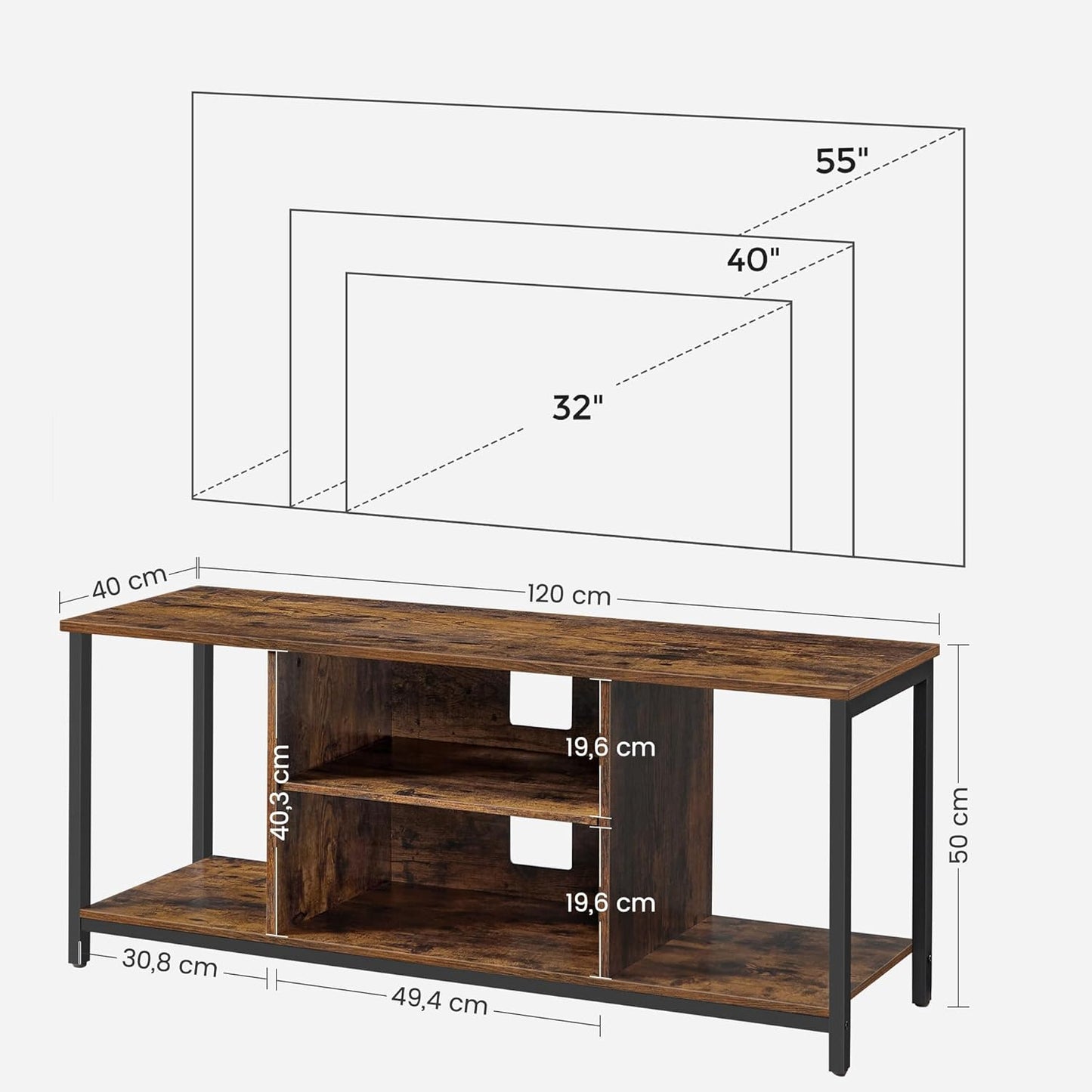 VASAGLE Lowboard TV Cabinet for TVs up to 60 Inches with Open Compartments Vintage Brown/Black