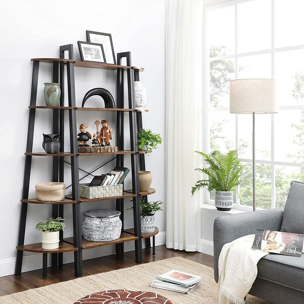 VASAGLE Corner Shelf 5 Tier Industrial Ladder Bookcase Storage Rack with Metal Frame Rustic Brown