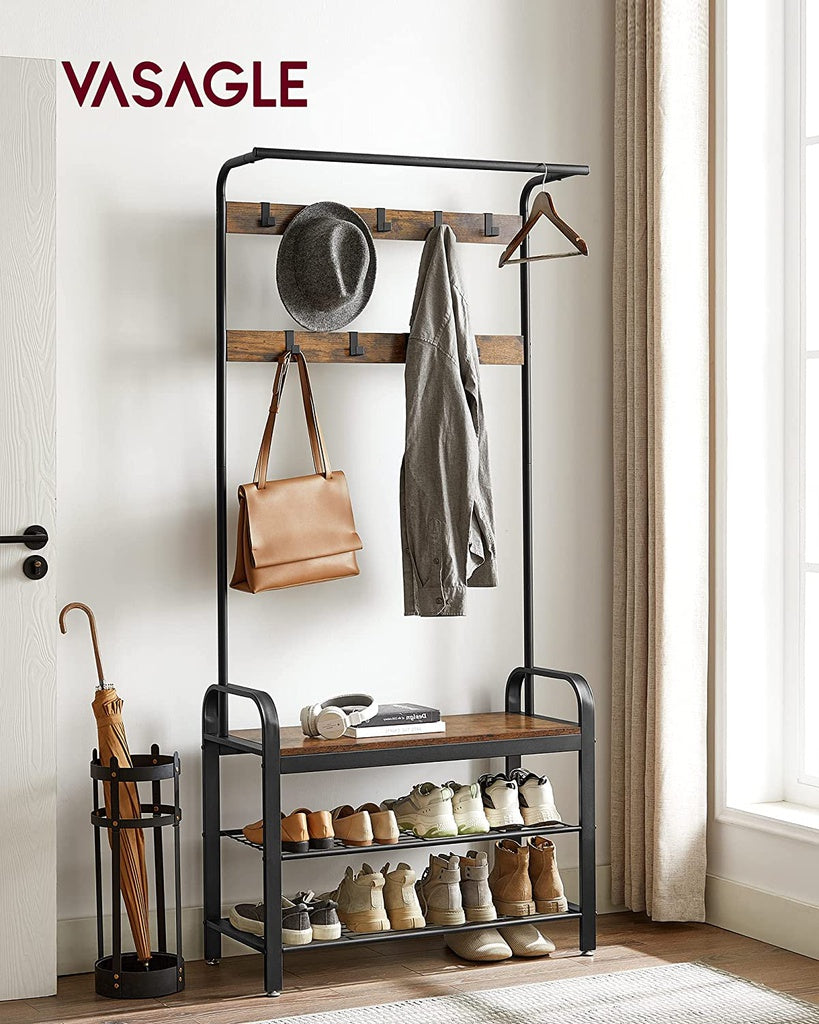 VASAGLE Coat Rack Hall Tree with Shoe Bench 3-in-1 Design Rustic Brown and Black