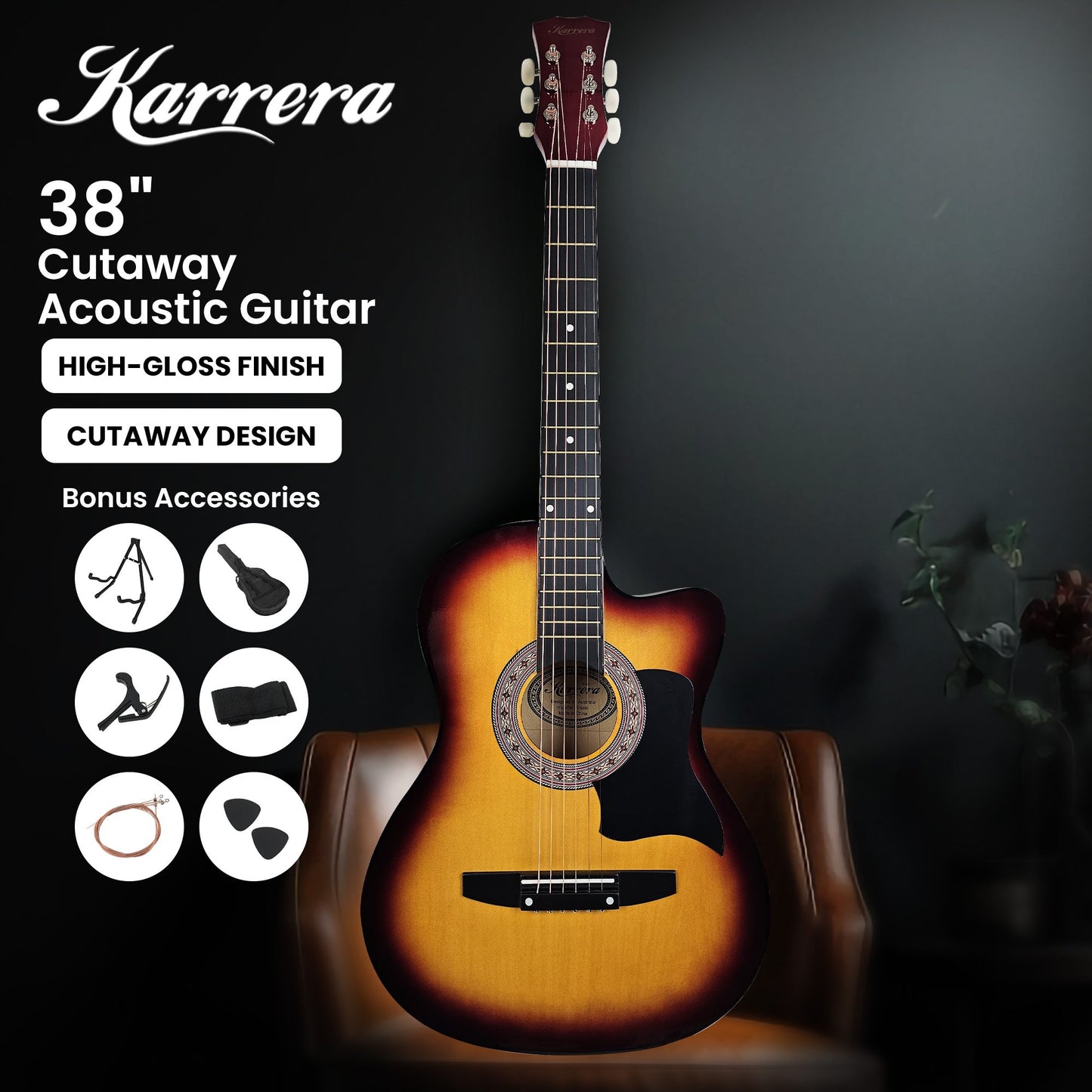 Karrera 38in Pro Cutaway Acoustic Guitar with Bag Strings - Sun Burst