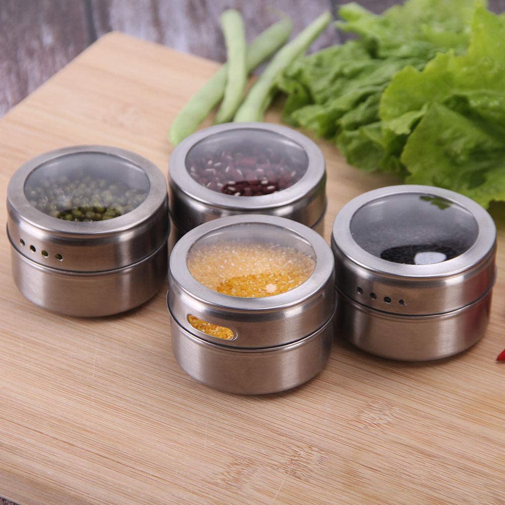 12 pcs Magnetic Spice Jars Containers Spice Tins Wall Mounted Stainless Steel Base New