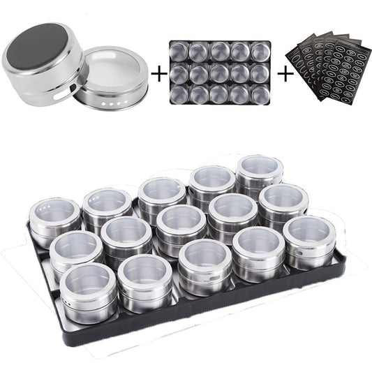 15 pcs Magnetic Spice Jars Containers Spice Tins Wall Mounted Stainless Steel Base New