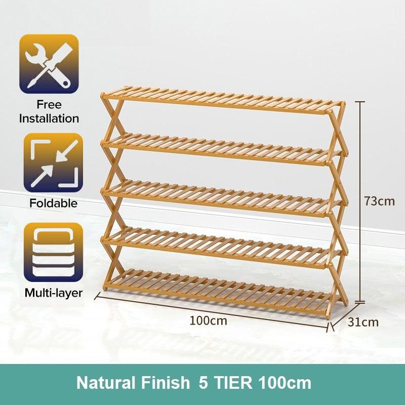 Multi-purpose Bamboo Collapsible Folding Storage Shoe Rack Shelf Organizer 100cm 5 Tier