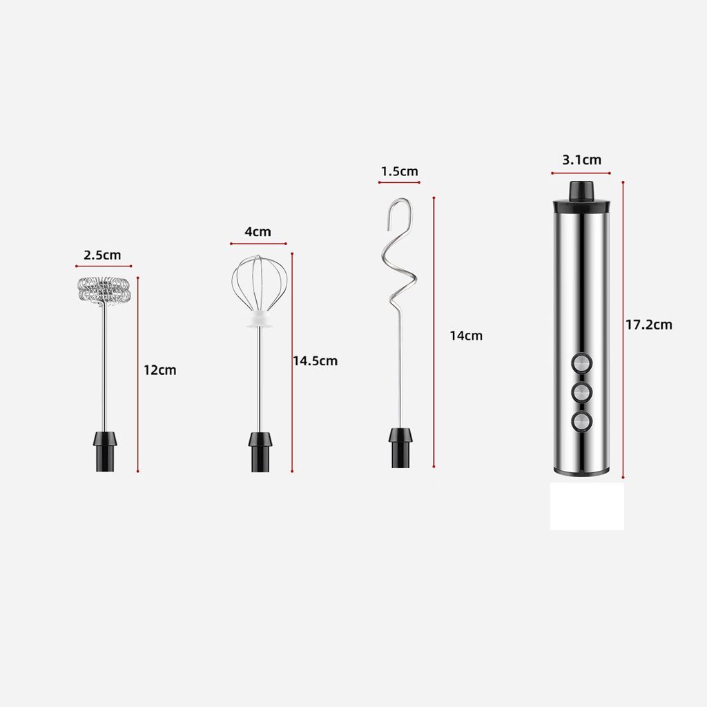 USB Charging Electric Egg Beater Milk Frother Handheld Drink Coffee Foamer Silver with 3 Stainless Steel Whisks