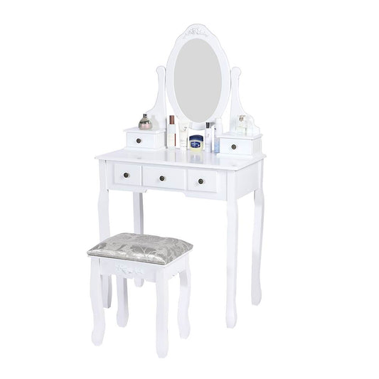 Carved Dressing Vanity Table Set with Mirror&#038;Stool- White