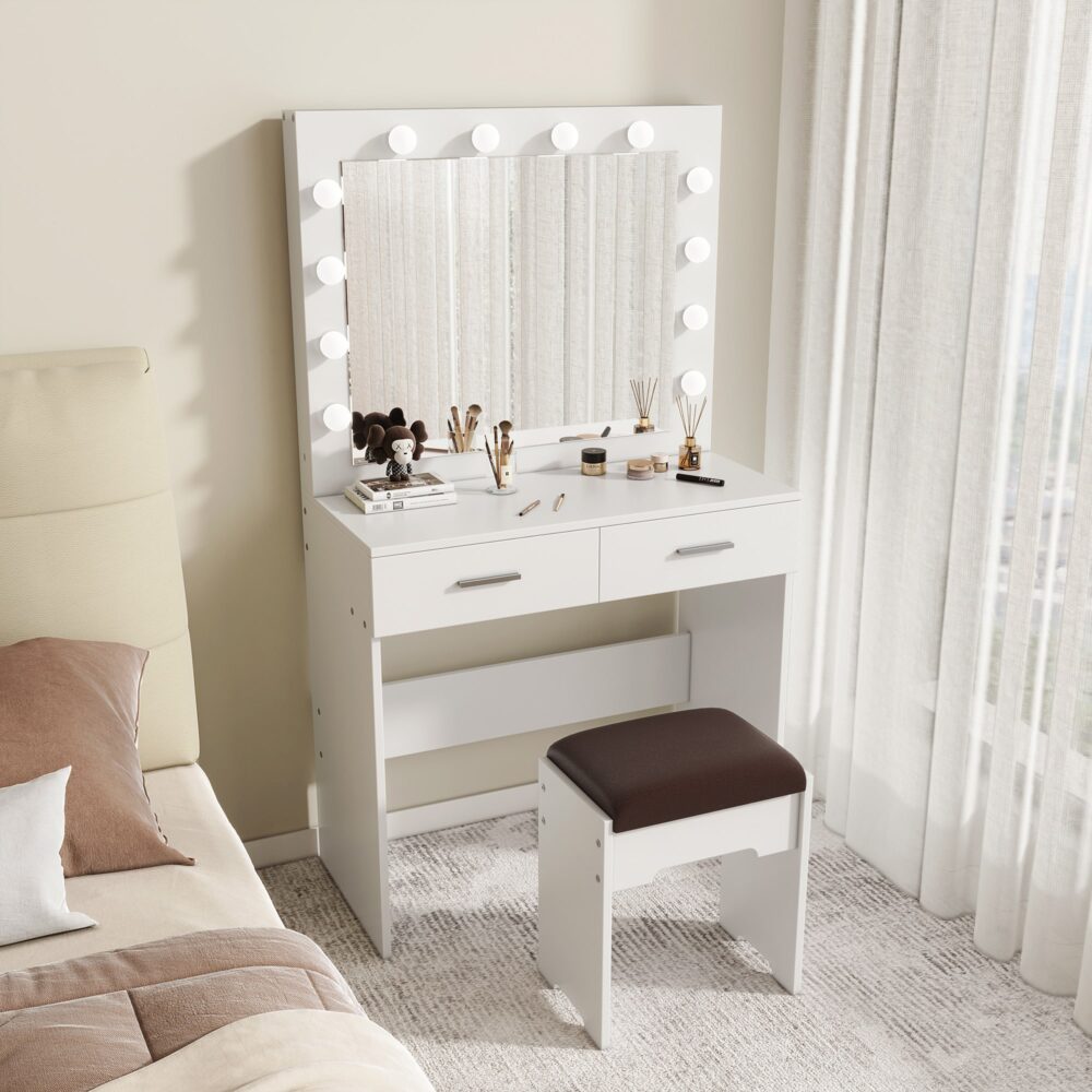 Fidel Vanity Set with Cushioned Stool and Lighted Mirror- White