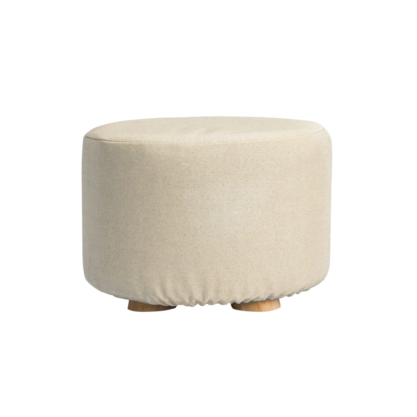 Fabric Ottoman Round Wooden Leg Foot Stool - BEIGE