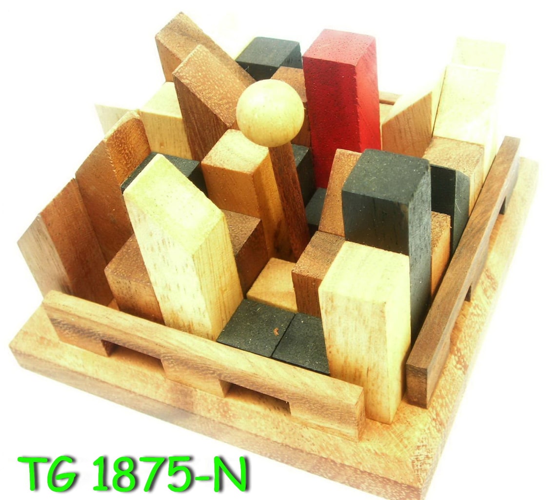 City Planner brain teaser puzzle, wood, handmade 3D puzzle-remove shapes and try rebuild your city