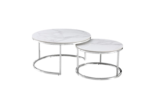 Nesting Style Coffee Table - White on Silver Stainless Steel - 80cm/60cm