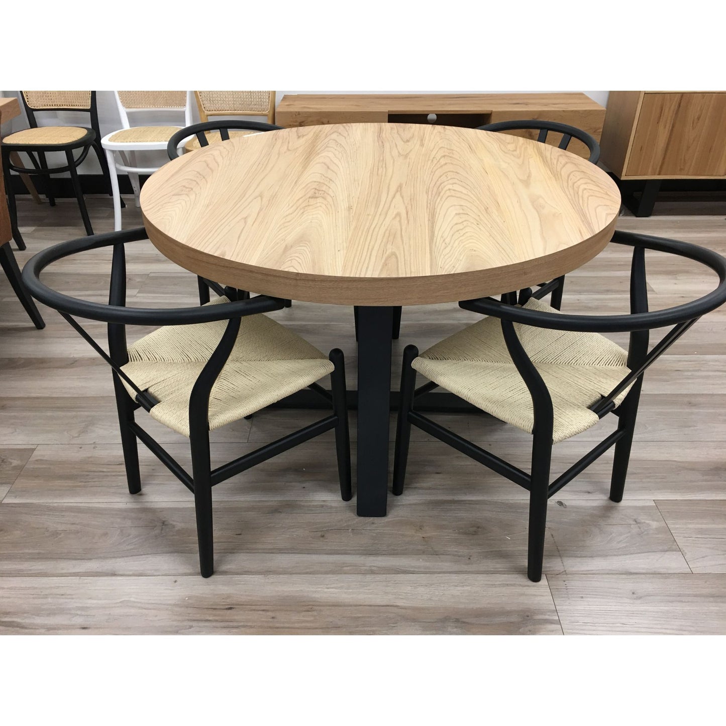 Petunia  Round Dining Table 120cm Elm Timber Wood Black Metal Leg - Natural