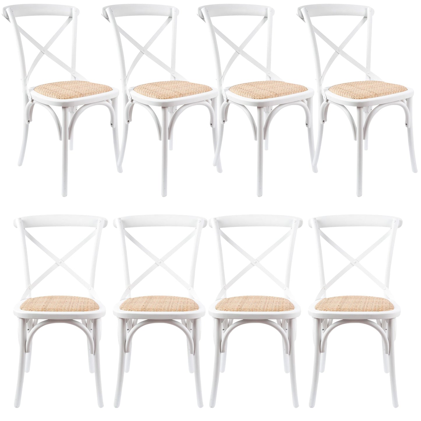 Aster Crossback Dining Chair Set of 8 Solid Birch Timber Wood Ratan Seat - White