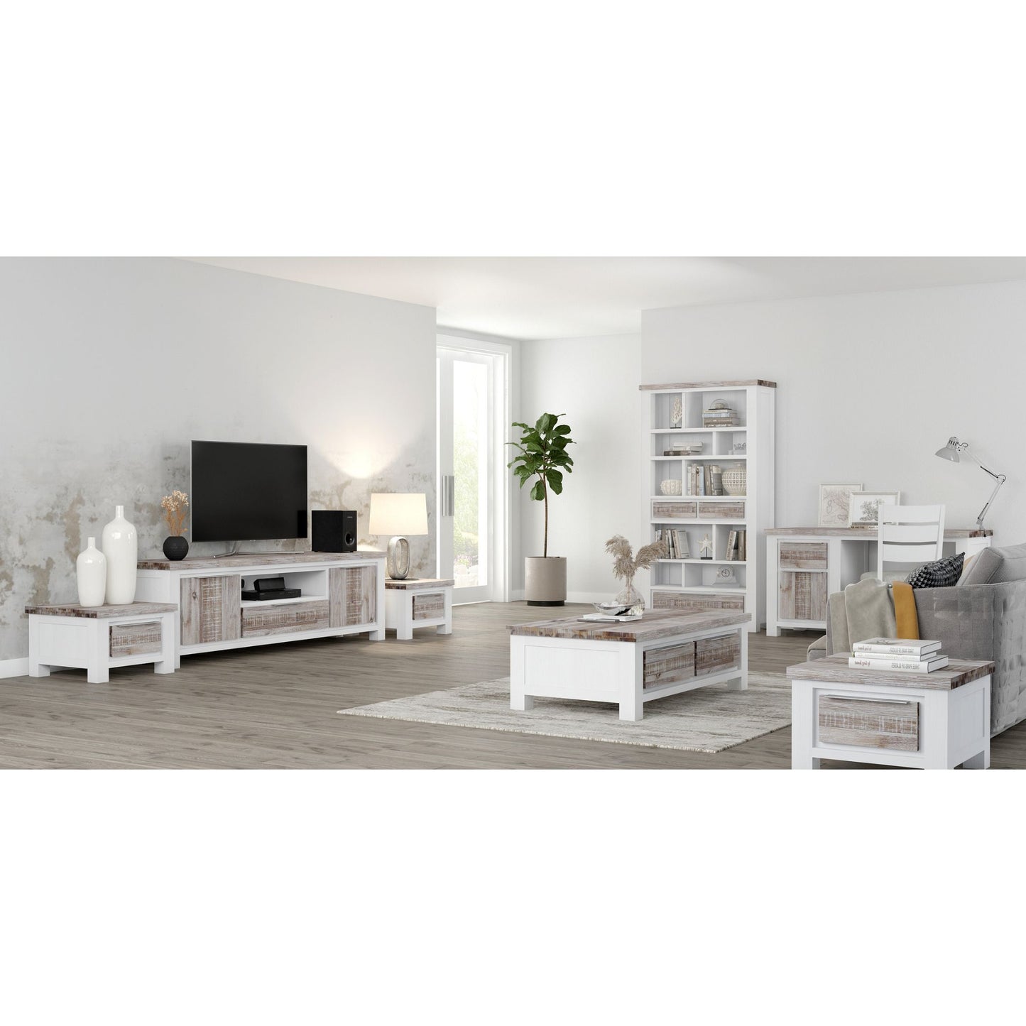 Plumeria ETU Entertainment TV Unit 210cm 2 Door Solid Acacia Timber -White Brush