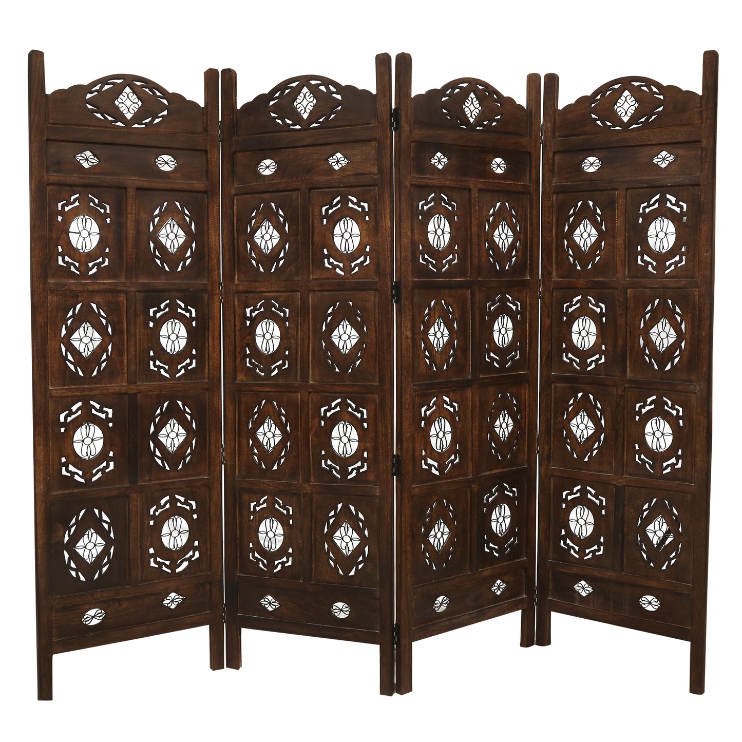 Iron Jali 4 Panel Room Divider Screen Privacy Shoji Timber Wood Stand - Burnt