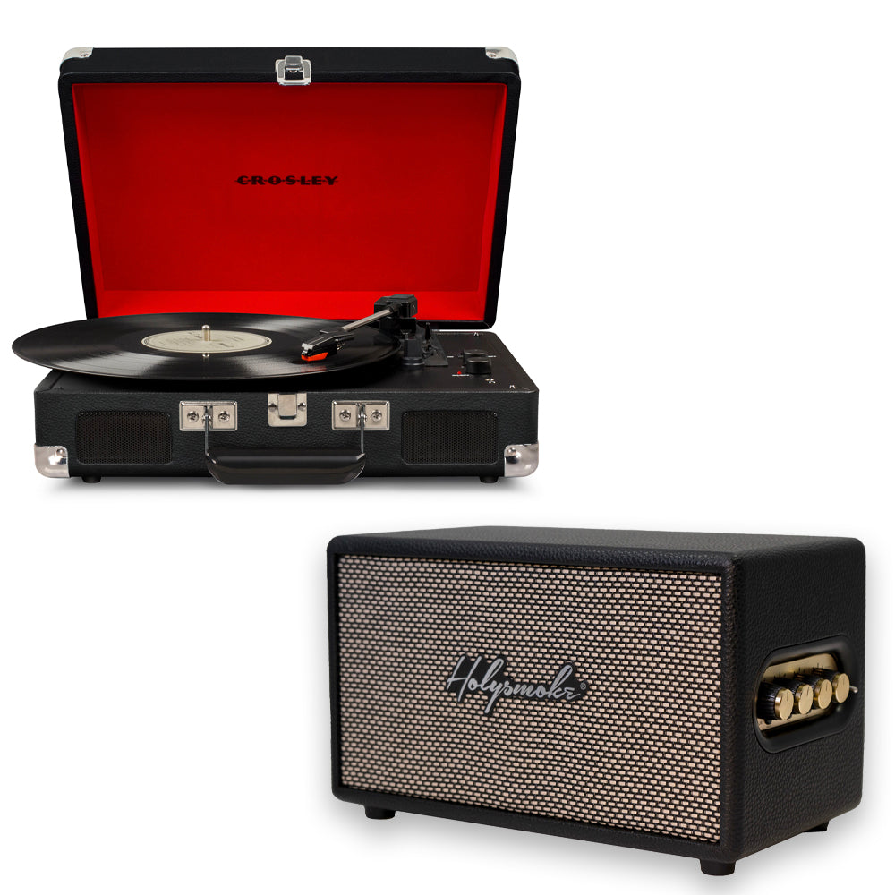 Crosley Cruiser Bluetooth Portable Turntable - Black + Bundled HolySmoke Bluetooth Retro Speaker - Black