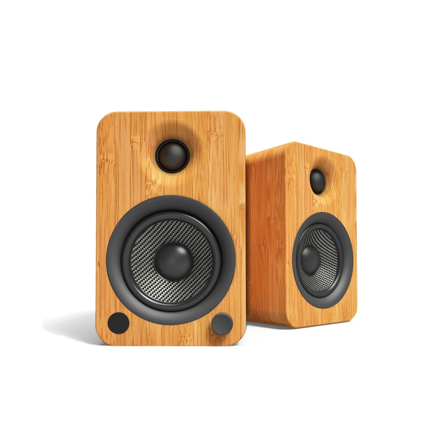 Kanto YU4 140W Powered Bookshelf Speakers with Bluetooth and Phono Preamp - Pair, Bamboo with SP9 Black Stand Bundle