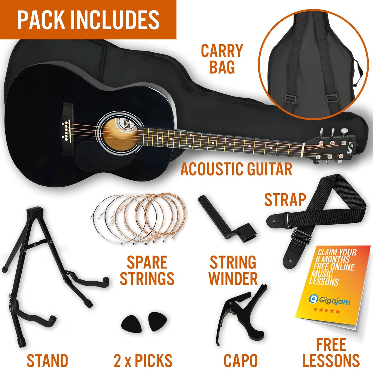 3rd Avenue Acoustic Guitar Premium Pack - Black