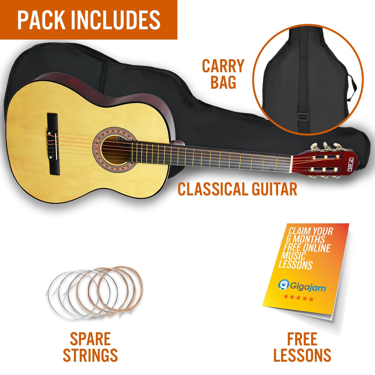 3rd Avenue Full Size Classical Guitar Pack - Natural