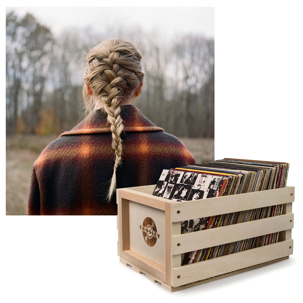 Crosley Record Storage Crate & Taylor Swift - Evermore - Double Vinyl Album Bundle