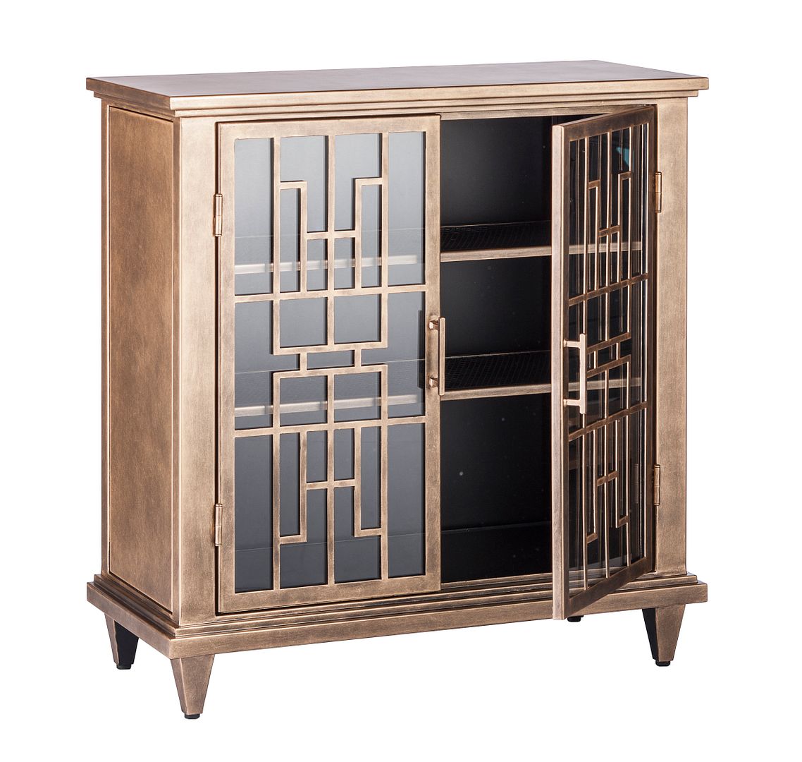 Iron Glass Buffet Sideboard Cabinet with 3 Level Storage in Brass Finish