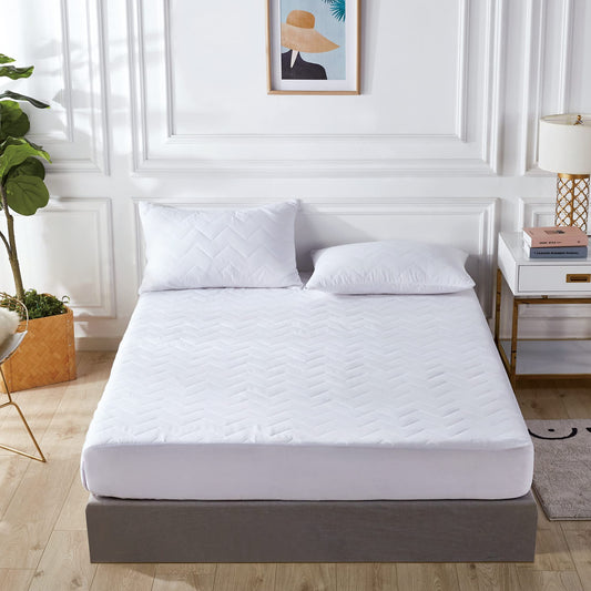 Gioia Casa 100% Ultra-Soft Cotton Quilted Anti-Microbial Mattress Cover Protector - White - Queen Size