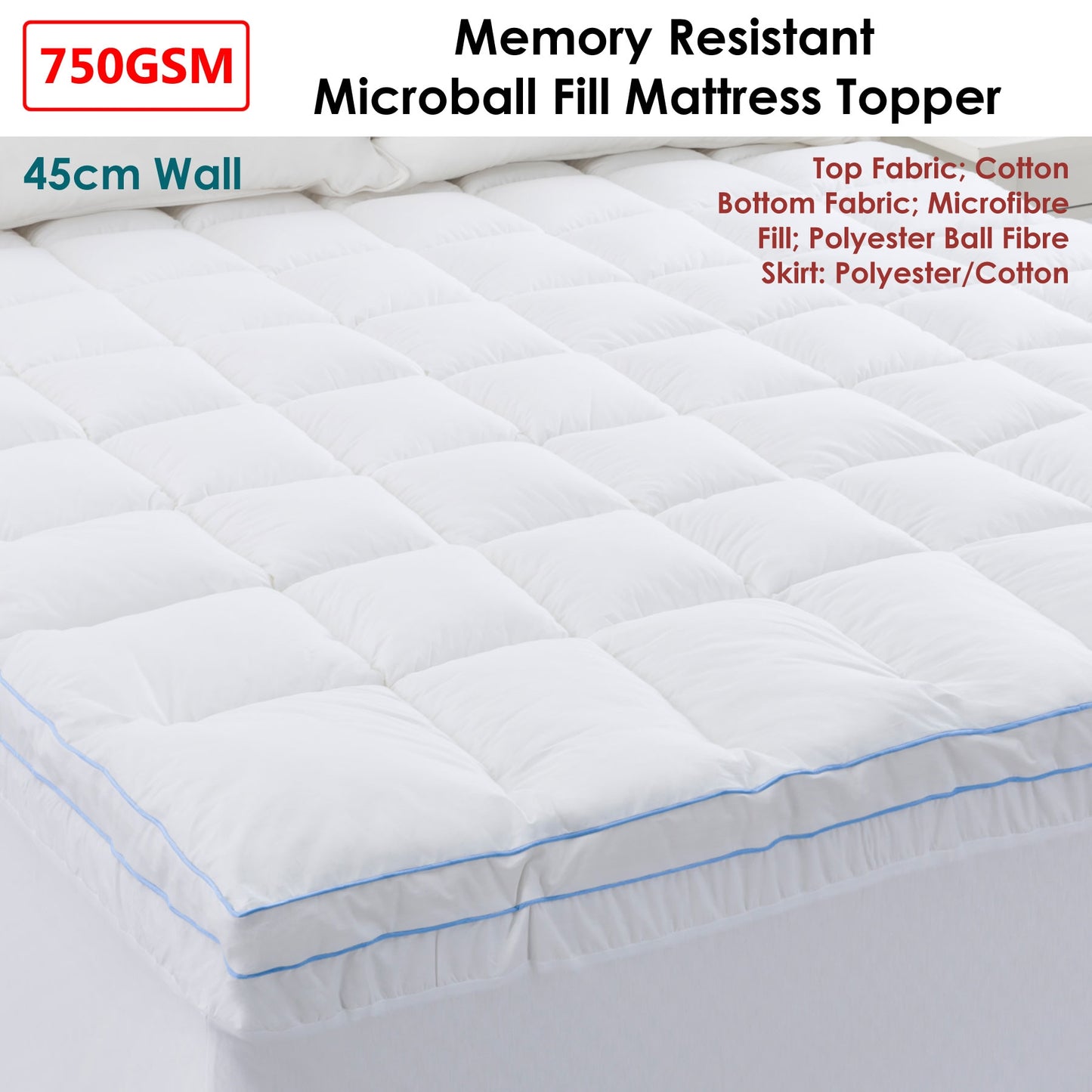 Cloudland 750GSM Memory Resistant Microball Fill Mattress Topper Double