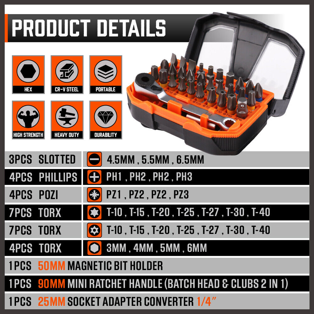 32Piece 1/4" Mini Double Head Screwdriver Bit and Ratchet Set CRV Steel Durable