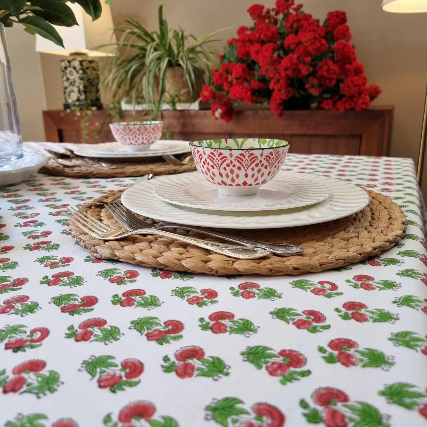 Kolka Mistletoe Hand Block-Printed & Screen Printed Textiles Tablecloth - Red