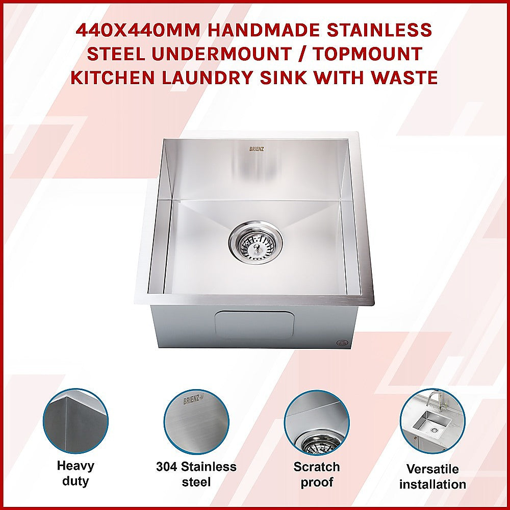 440x440mm Handmade Stainless Steel Undermount / Topmount Kitchen Laundry Sink with Waste