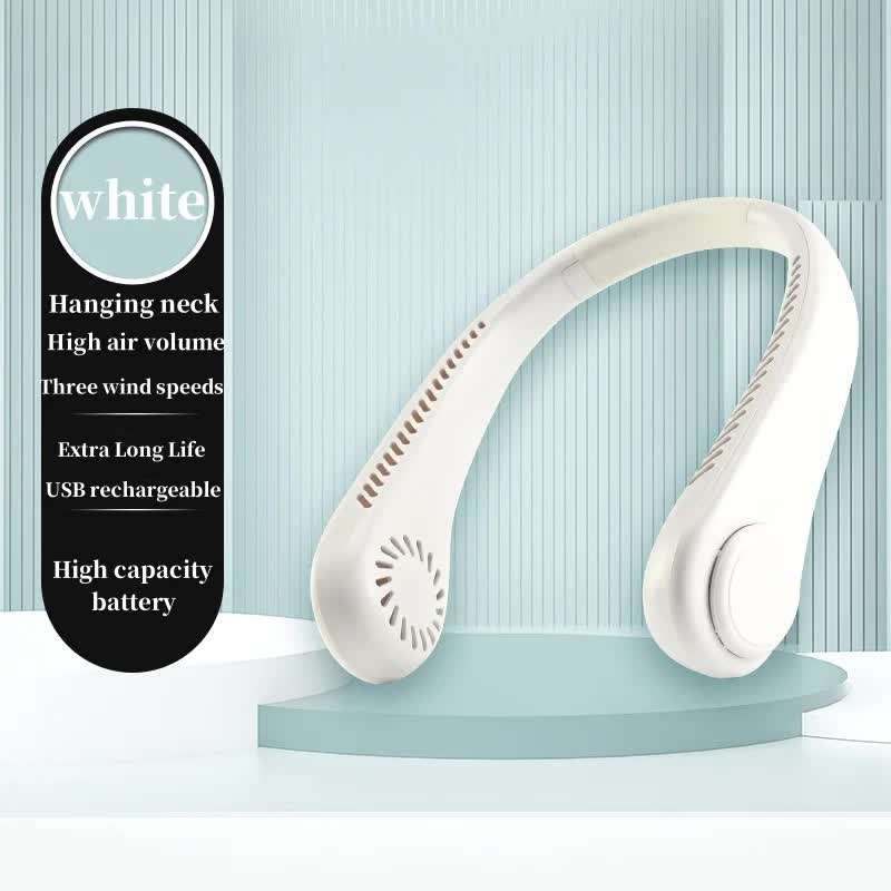 2PCS White Leafless Hanging Neck Fan - Rechargeable Portable Hands-Free Cooling Fan with 3 Speeds