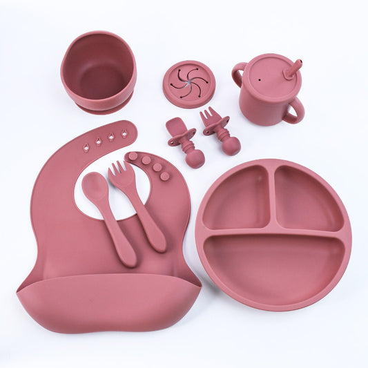 Rose Red 8-Piece Silicone Children's Tableware Set - BPA-Free Baby Feeding Utensils with Fork, Spoon, Cup, Bowl, and Bibs