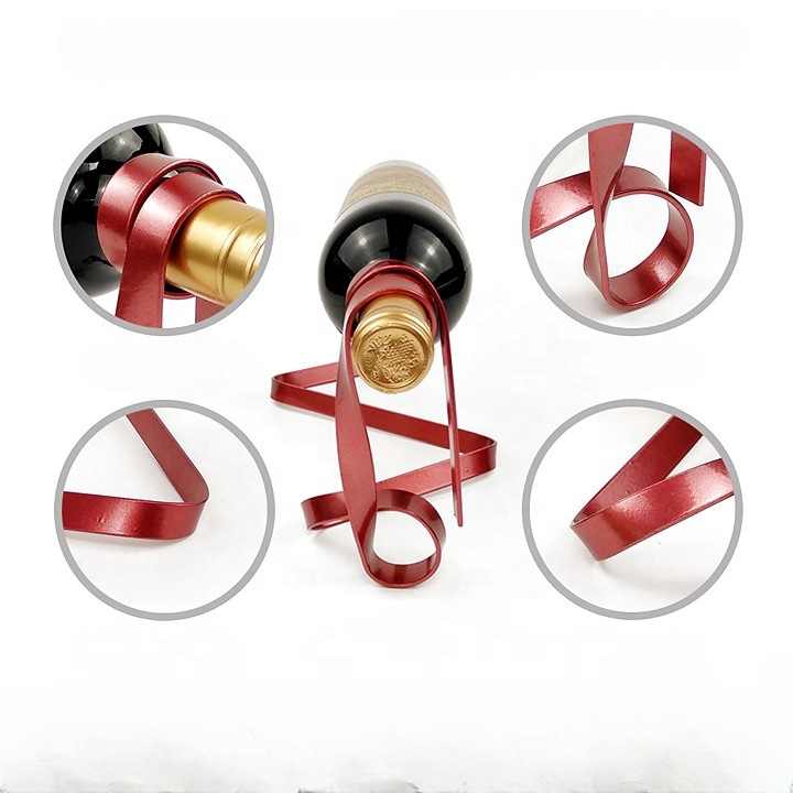 Red Modern Ribbon Wine Bottle Holder - Creative Floating Wine Rack for Home and Bar Décor