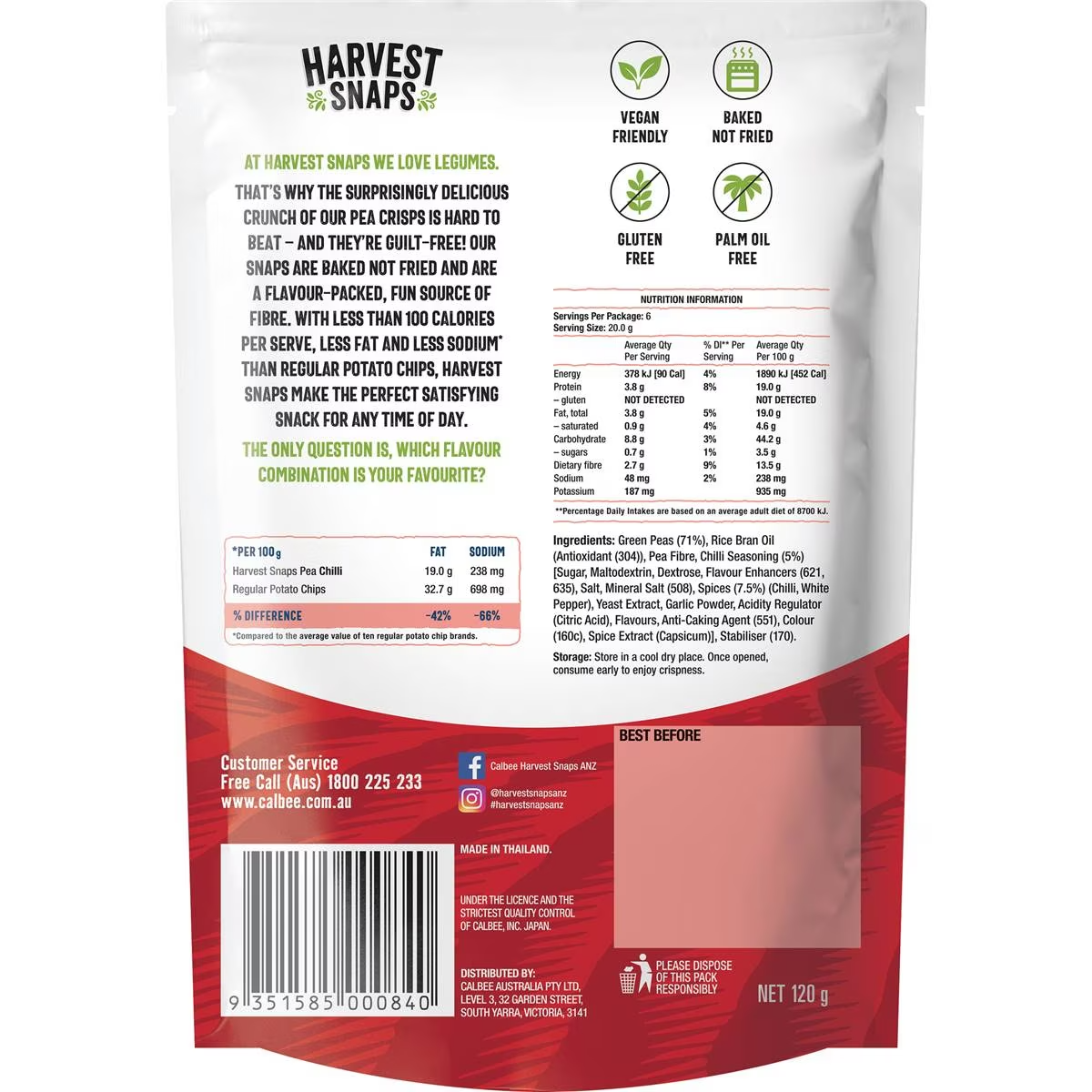 Calbee Harvest Snaps Baked Pea Crisps Chilli 120g