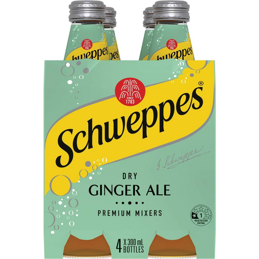 Schweppes Dry Ginger Ale Soft Drink Bottle Mixers Multipack 300ml x 4 Pack