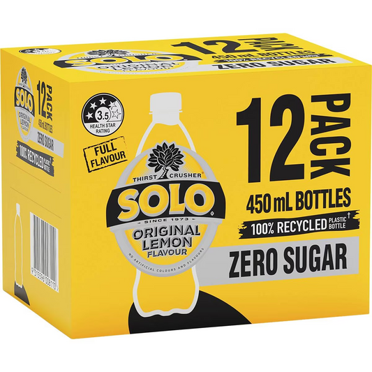 Solo Zero Sugar Original Lemon Soft Drink Bottles Multipack 450ml x 12 Pack