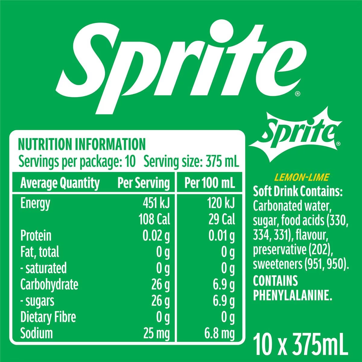 Sprite Lemonade Soft Drink Multipack Cans 375ml x10 Pack