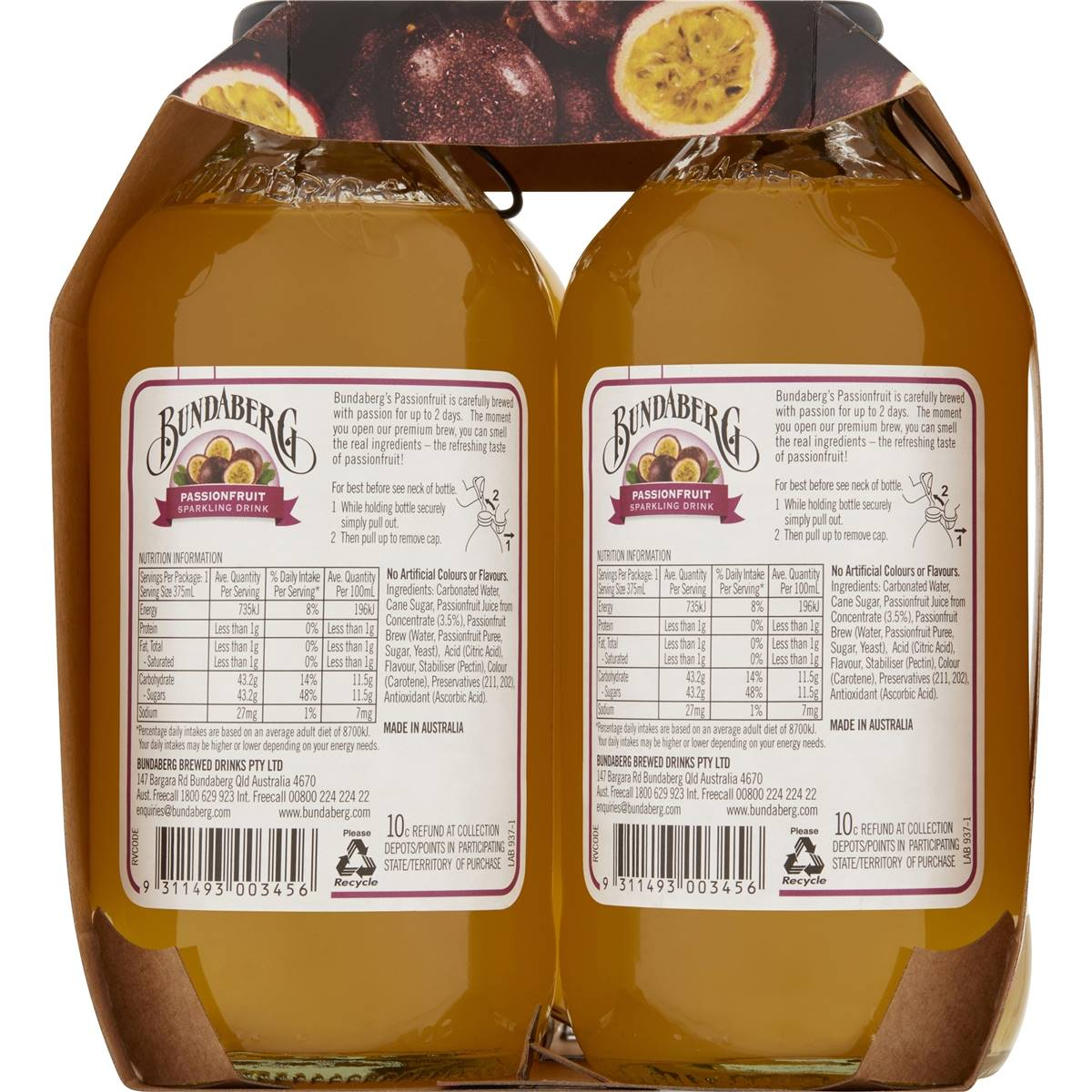 Bundaberg Sparkling Passionfruit Drink 375ml X4 Pack