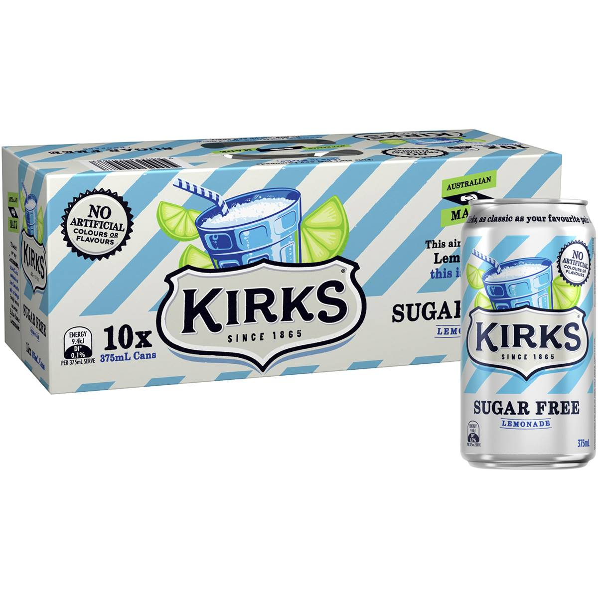 Kirks Sugar Free Lemonade Soft Drink Multipack Cans 375ml X10 Pack