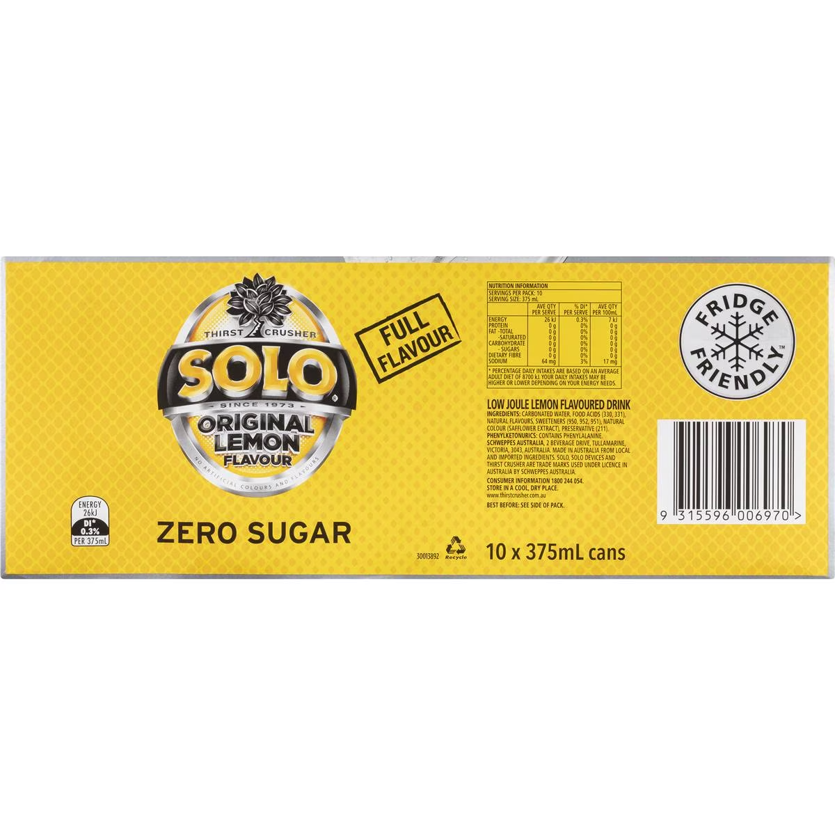 Solo Zero Sugar Original Lemon Soft Drink Cans Multipack 375ml x 10 Pack