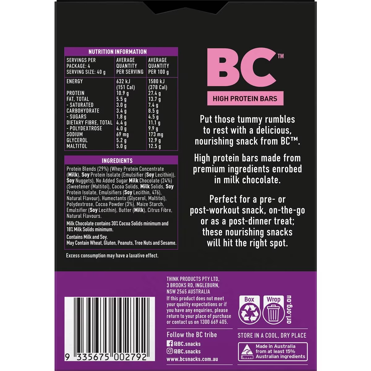 Bc Snacks High Protein Bars Chocolate Brownie Crunch 4 Pack