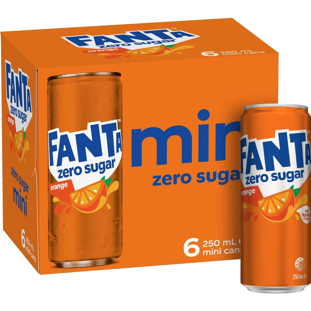 Fanta Orange Zero Sugar Soft Drink Mini Cans 250ml X 6 Pack