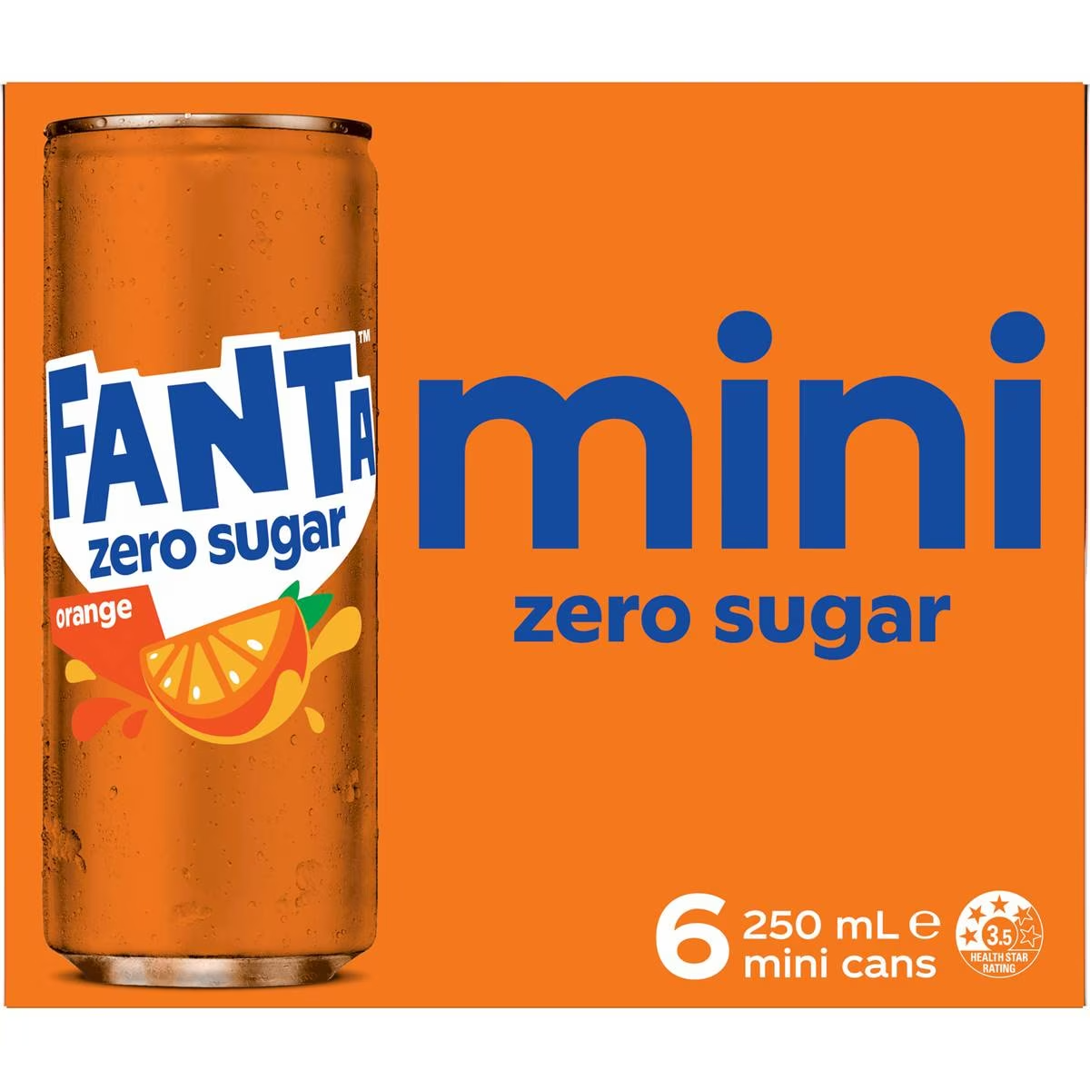 Fanta Orange Zero Sugar Soft Drink Mini Cans 250ml X 6 Pack