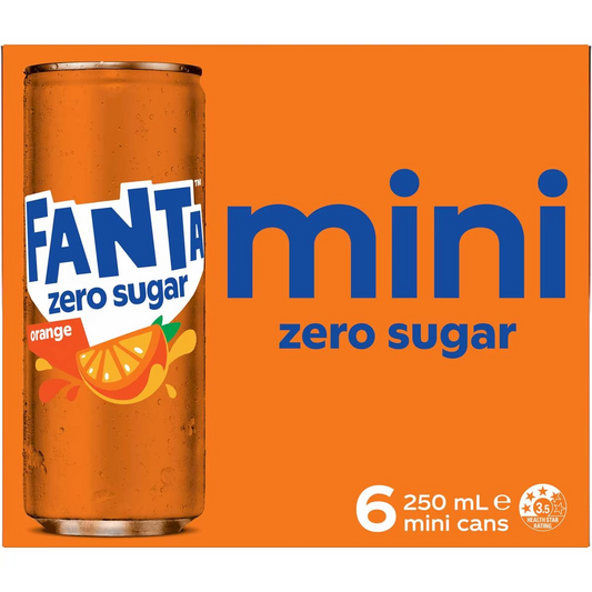 Fanta Orange Zero Sugar Soft Drink Mini Cans 250ml X 6 Pack