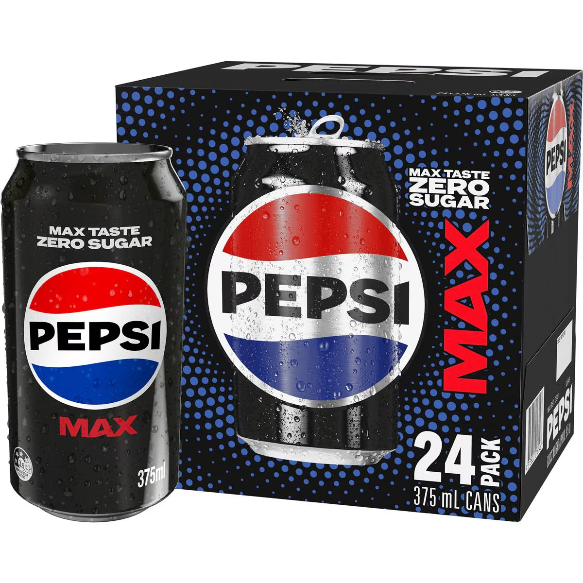 Pepsi Max No Sugar Cola Soft Drink Cans Multipack 375ml X 24 Pack