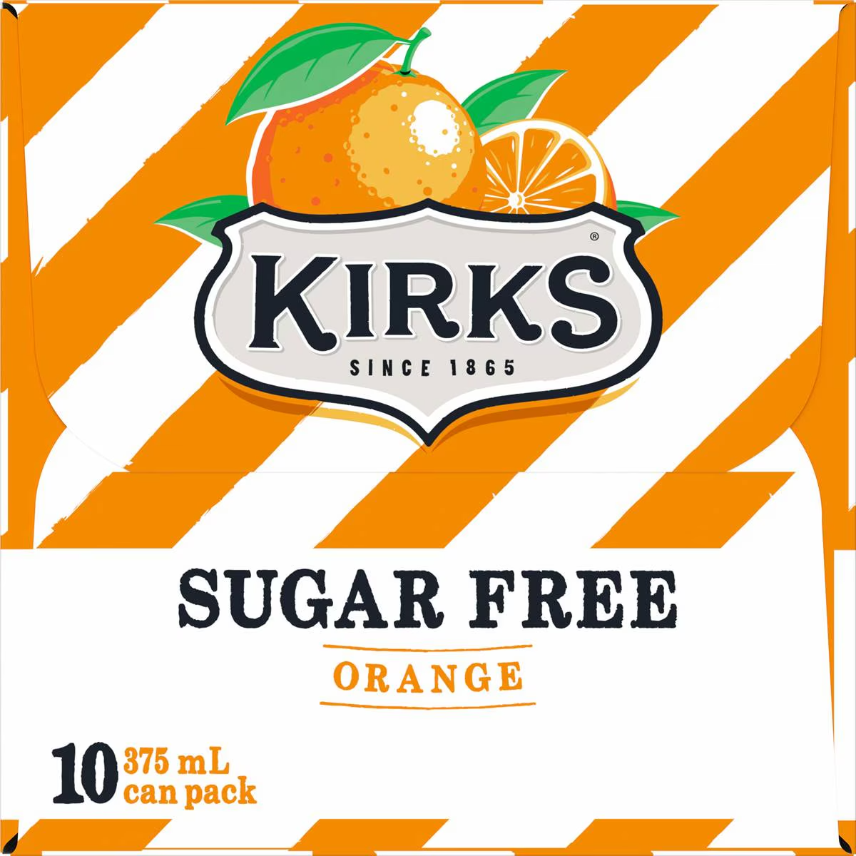 Kirks Sugar Free Orange Soft Drink Multipack Cans 375ml X 10 Pack