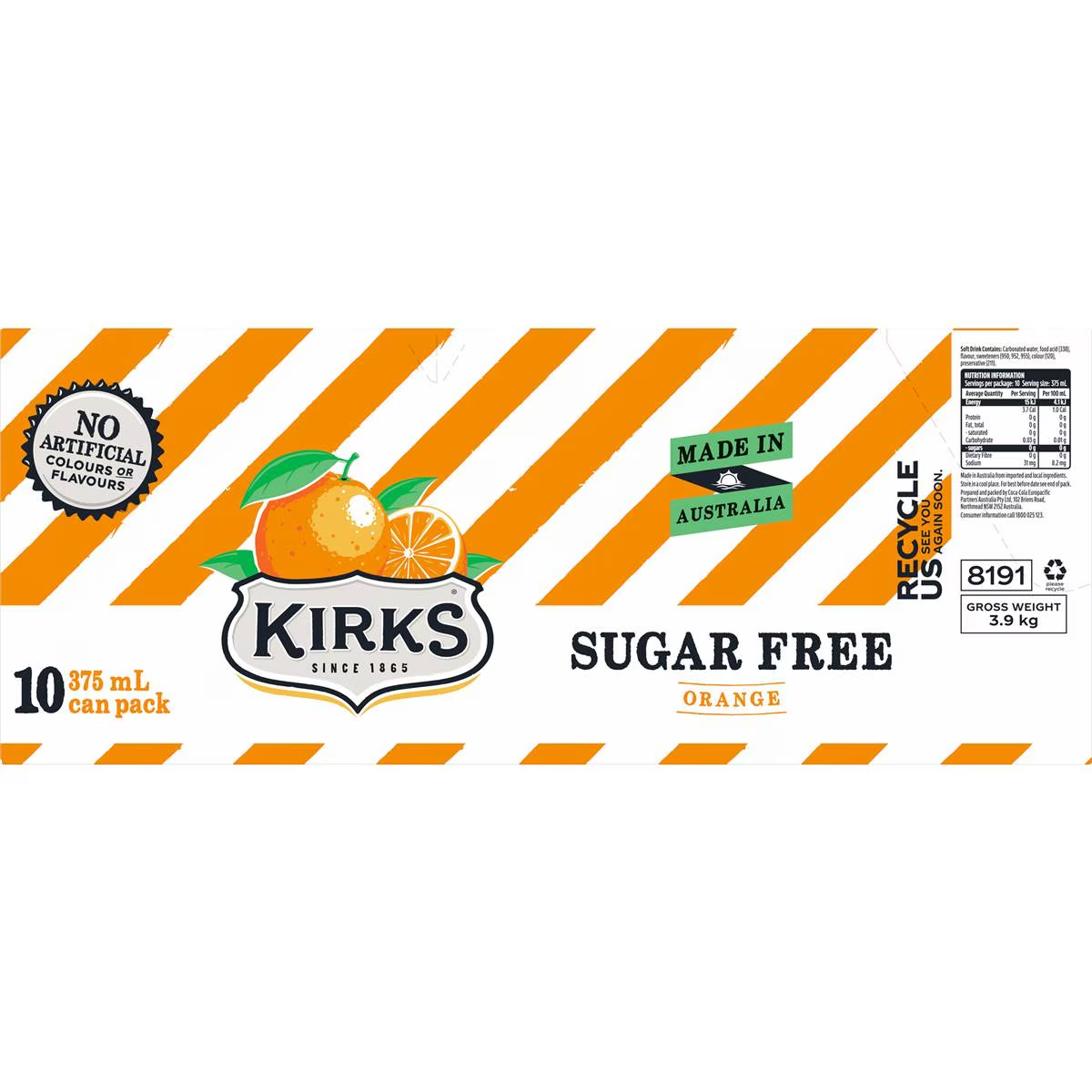 Kirks Sugar Free Orange Soft Drink Multipack Cans 375ml X 10 Pack