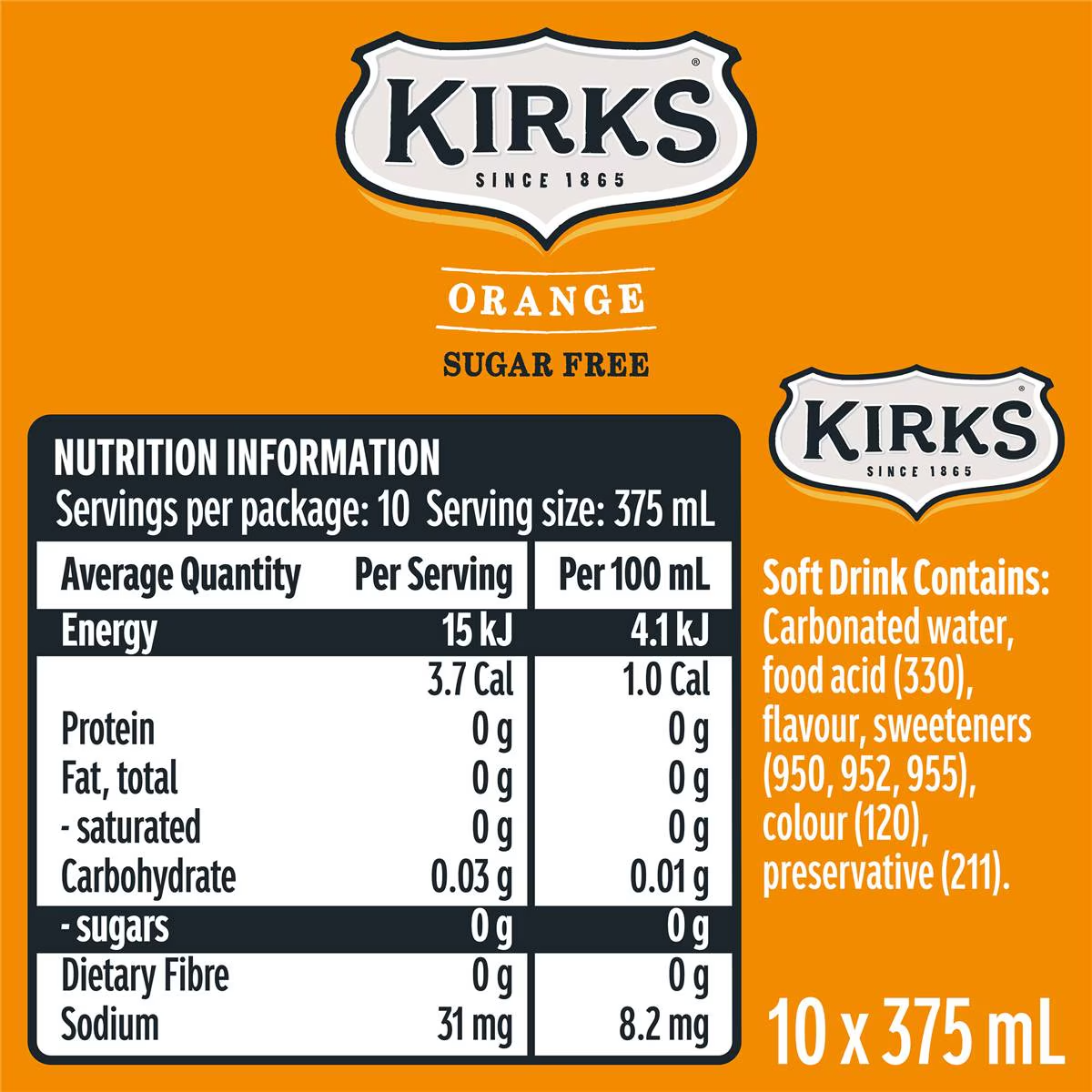 Kirks Sugar Free Orange Soft Drink Multipack Cans 375ml X 10 Pack