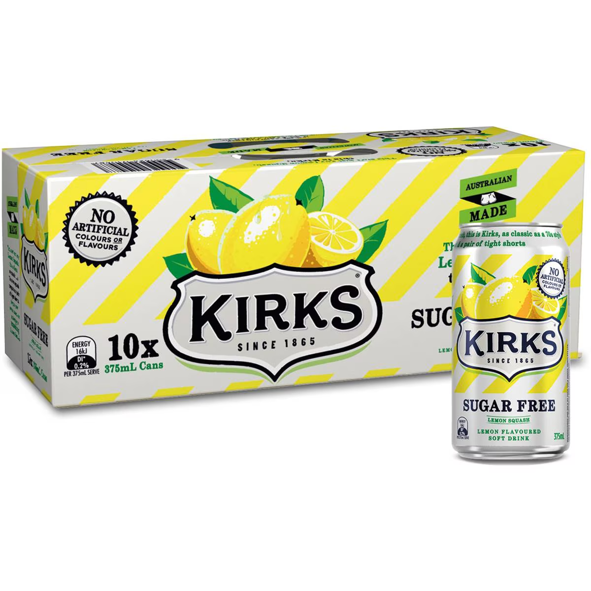 Kirks Sugar Free Lemon Squash Soft Drink Multipack Cans 375ml X10