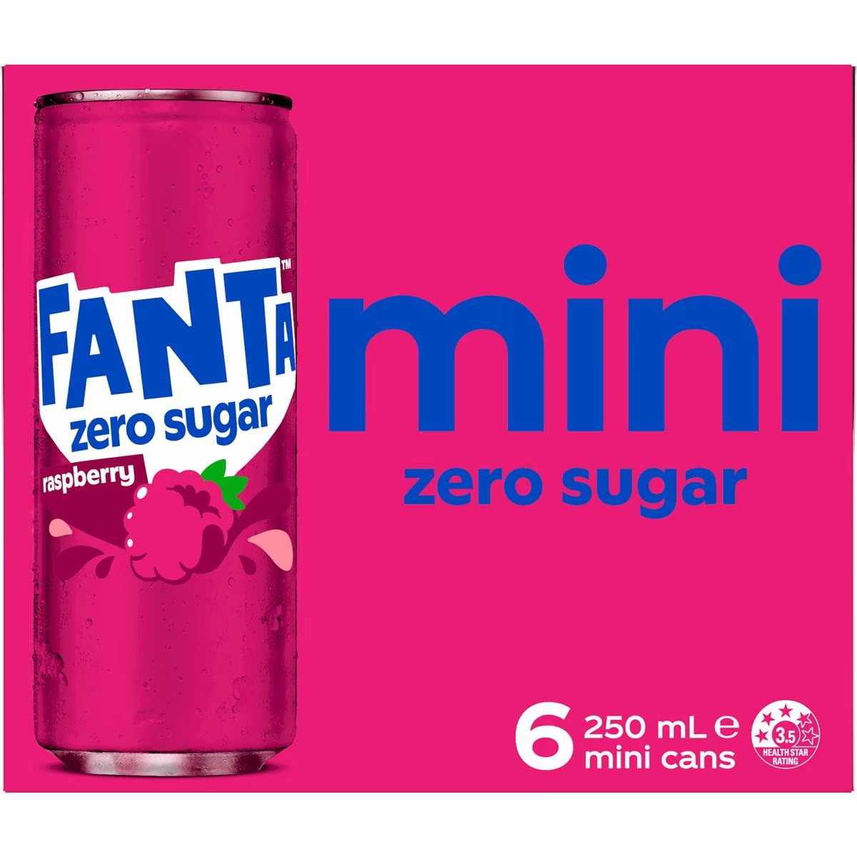 Fanta Raspberry Zero Sugar Soft Drink Mini Cans 250ml X 6 Pack