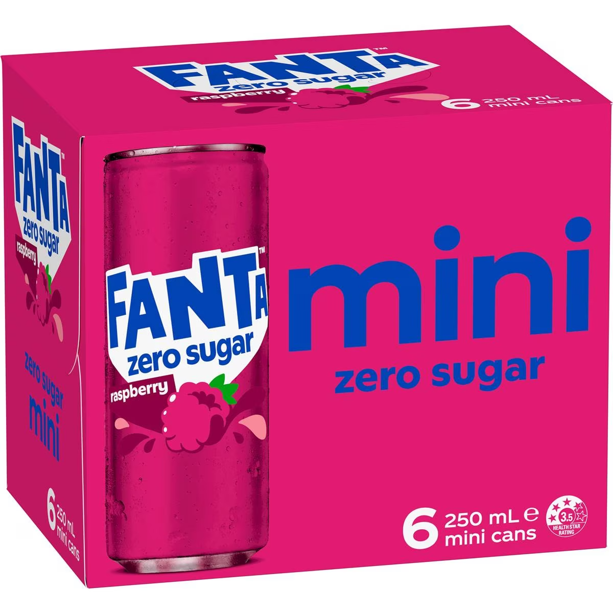 Fanta Raspberry Zero Sugar Soft Drink Mini Cans 250ml X 6 Pack